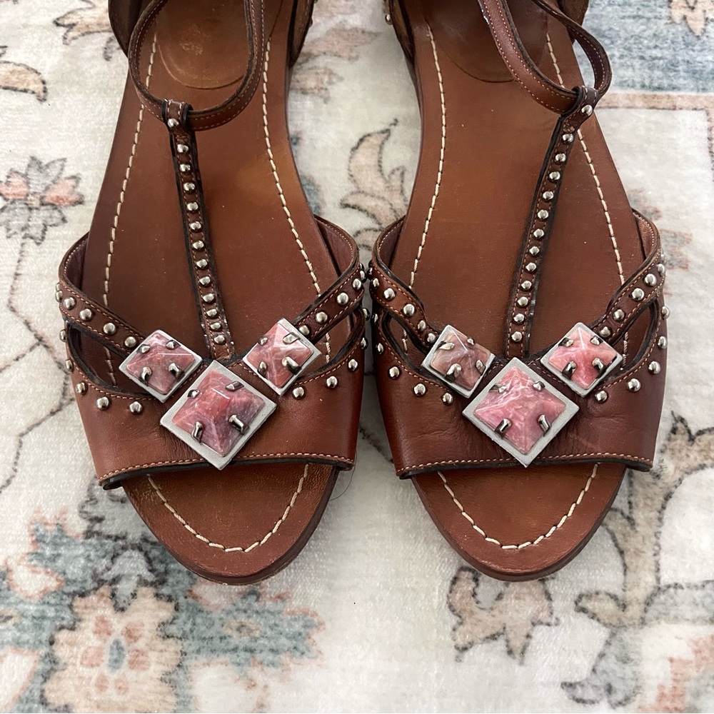 Miu Miu Bejeweled T-Strap Brown Leather Sandals - Picture 2 of 11